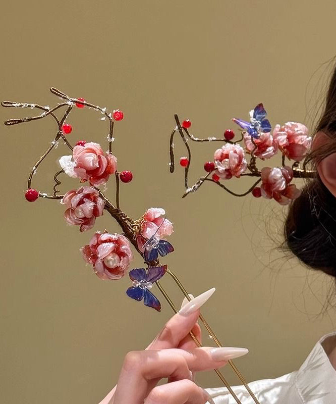 Chinese Style Pink Alloy Coloured Glaze Plum Blossom a Hairpin
