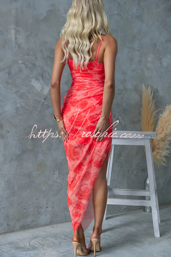 Saloni Mesh Print Twist Ruched Detail Irregular Hem Stretch Maxi Dress