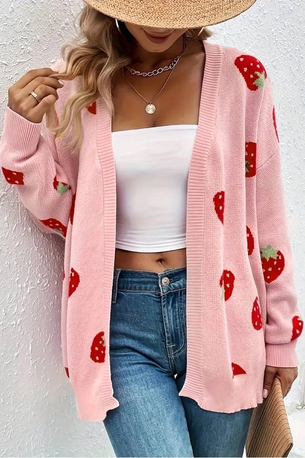 Pink Strawberry Pattern Knit Cardigan