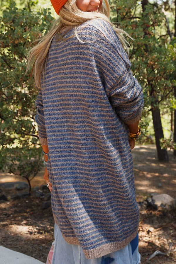 Contrast Striped Loose Long-sleeved Mid-length Knitted Cardigan