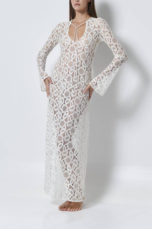 Santorini Sunset Lace Long Sleeve Slit Vacation Maxi Dress