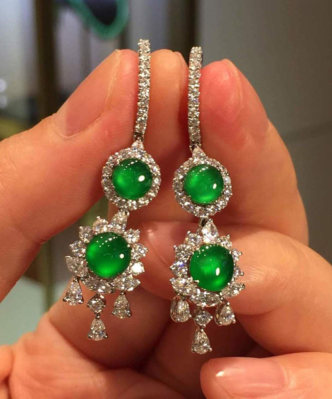 Sterling Silver Inlaid Zircon Jade Tassel Drop Earrings