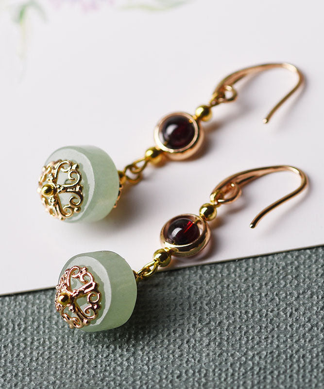 Red Gem Stone and Jade 14k Gold Drop Earrings