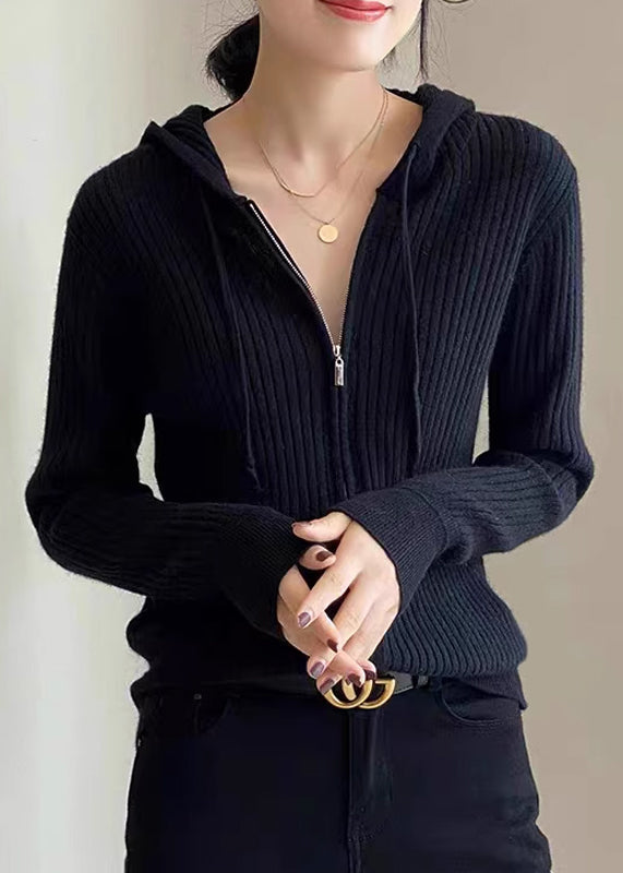 Loose White Zippered Patchwork Striped Wool Knit Hooded Cardigans Fall Qp021