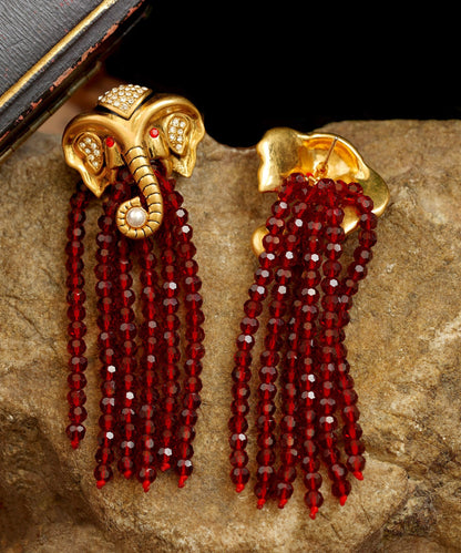 Red Copper 14k Gold Elephant Pearl Tassel Drop Earrings