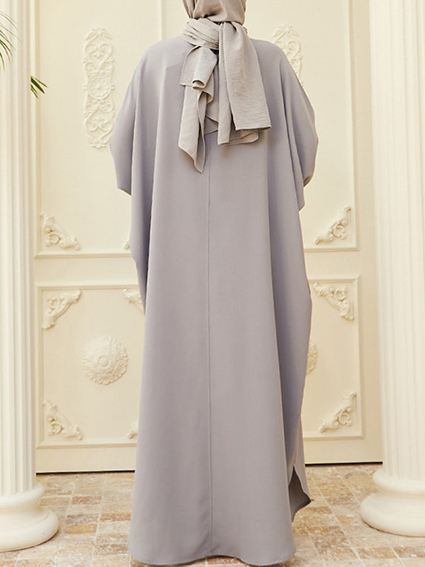 Batwing Sleeves Loose Buttoned Muslim Color Split-side Round-neck Maxi Dresses