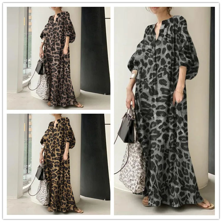 Leopard Print Long Dresses Temperament V-neck Puff Sleeves Loose Dress Style Vestidos Spring New