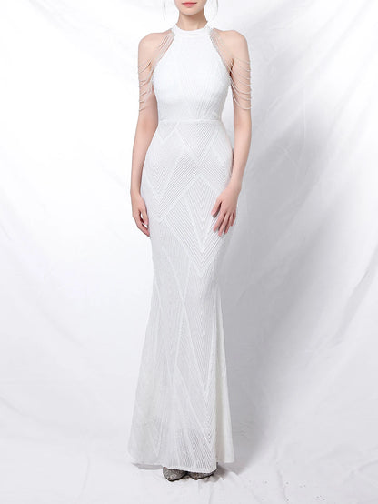 Halter Neck Sequined Evening Dresses Crystal Tassel Hip Skirt Sleeveless Rhinestone Decoration Long Dress