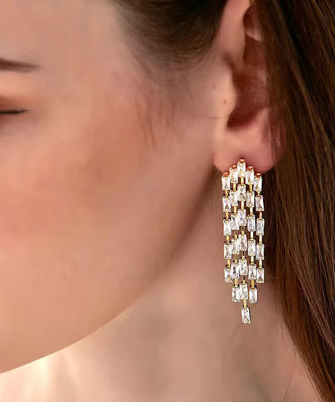 Gold Sterling Silver Overgild Zircon Tassel Drop Earrings