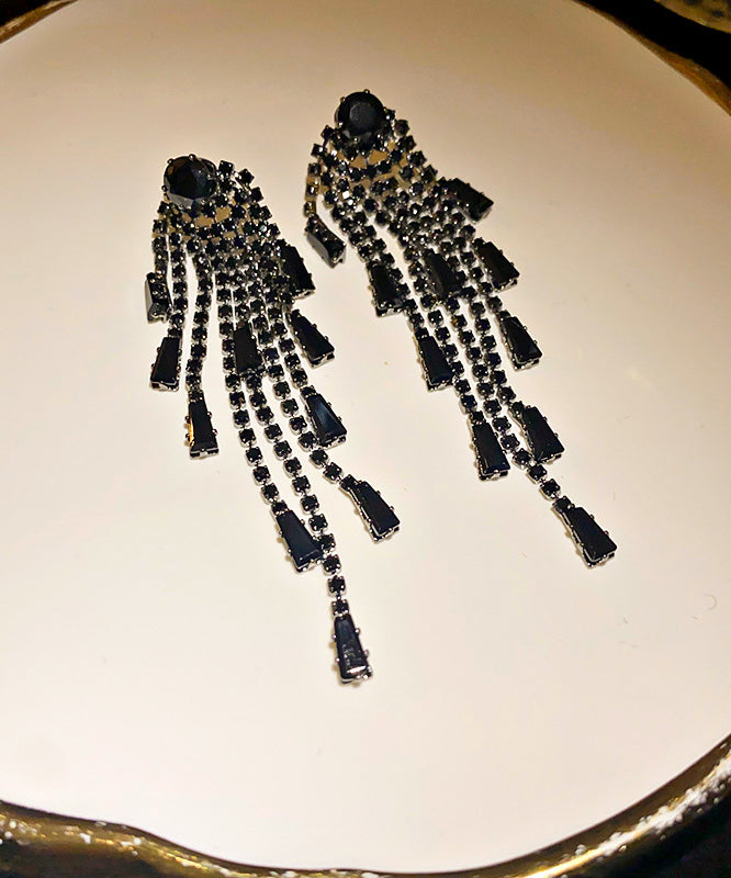 Black Copper Zircon Tassel Drop Earrings