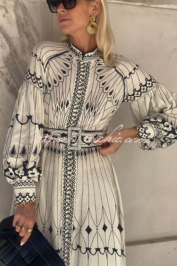 Perfect for Spring Linen Blend Print Button Balloon Sleeve Belted Shirt Midi Dress