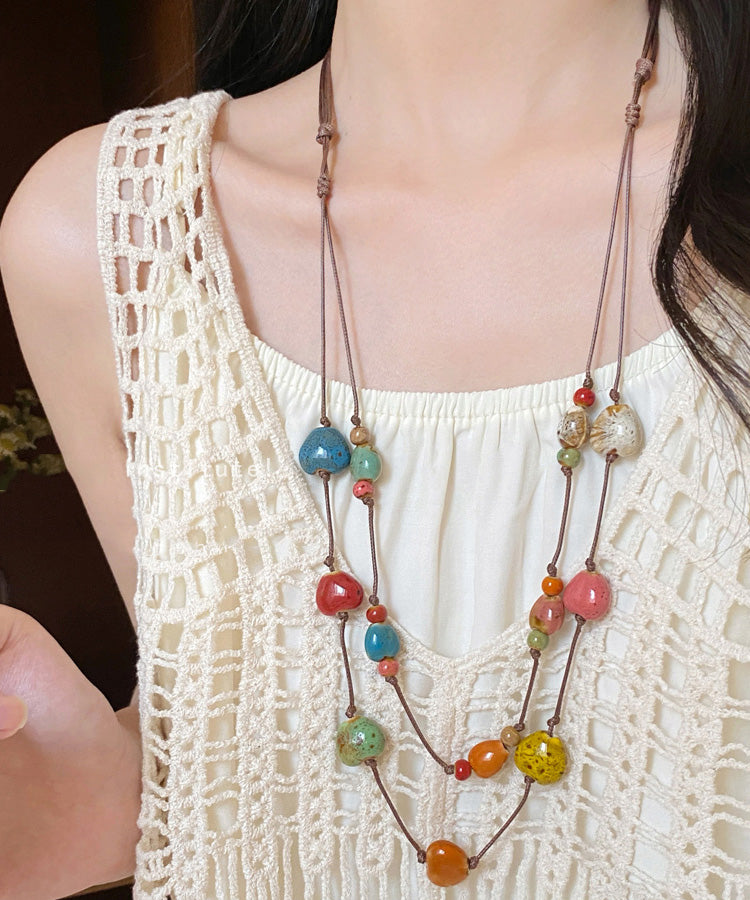Rainbow Wax Rope Ceramic Double-layer Pendant Necklace