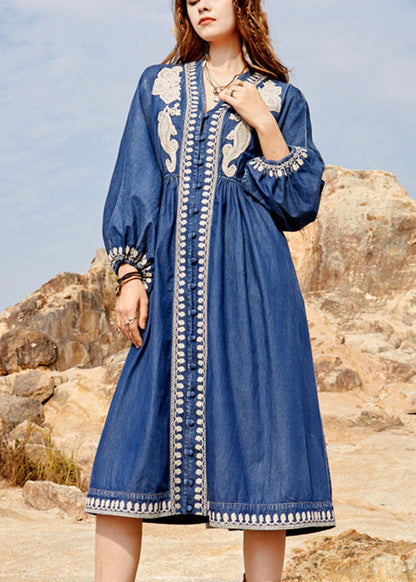 Navy V Neck Embroidered Patchwork Denim Maxi Dresses Spring Nn022