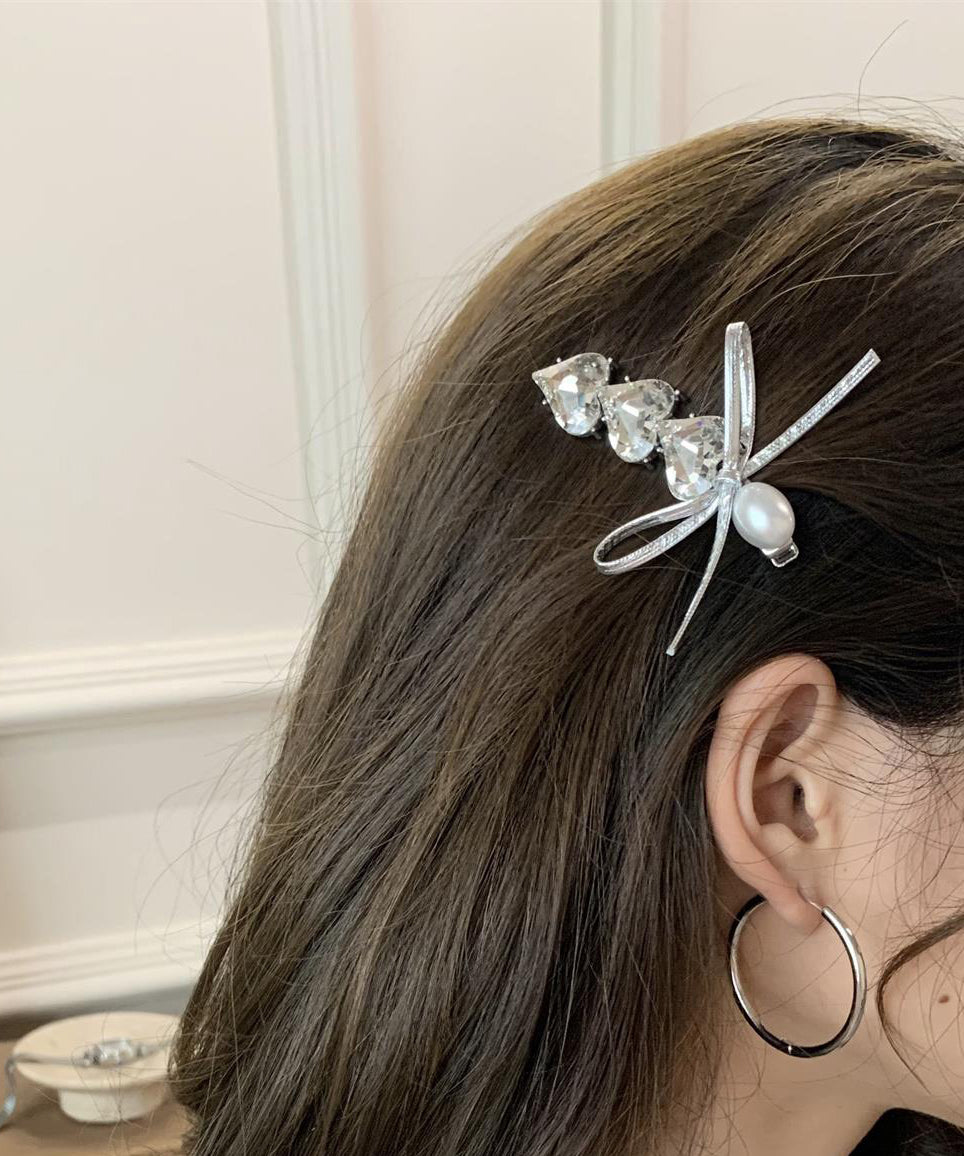 Silk Alloy Zircon Love Crystal Pearl Bow Hairpin