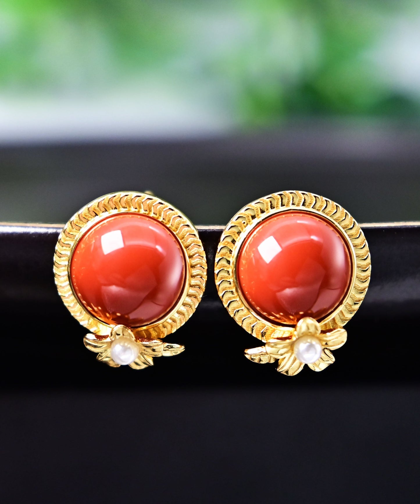Red Sterling Silver Overgild Agate Pearl Stud Earrings