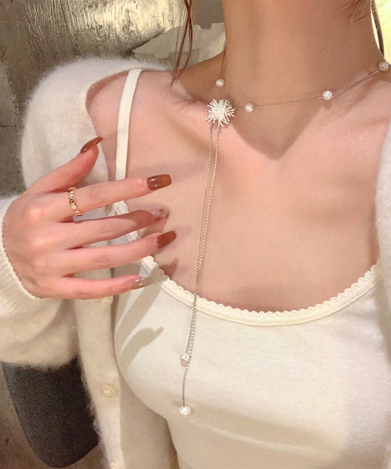Stylish Silk Alloy Fireworks Pearl Withdrawable Tassel Lariat Necklace