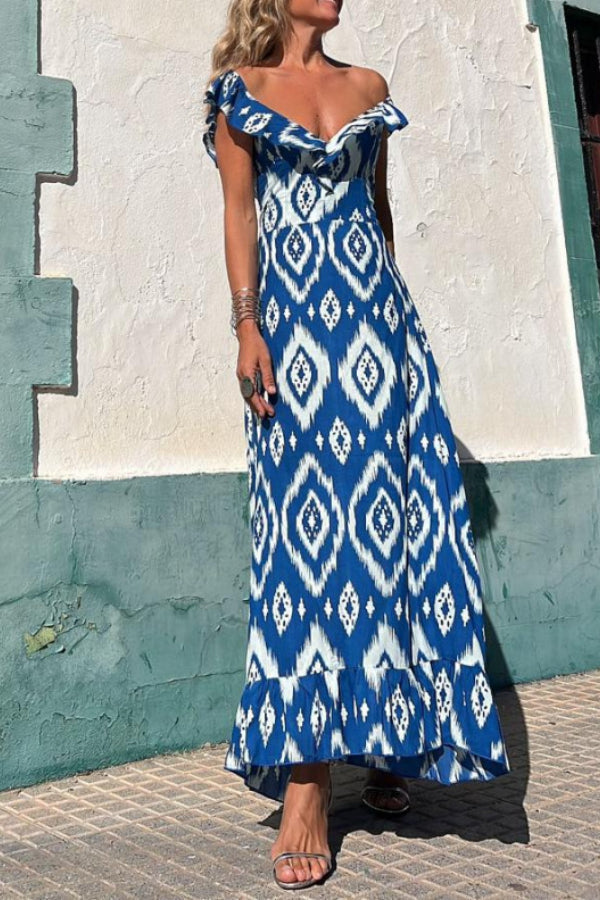 Tunisia Blue Printed, Long Dress