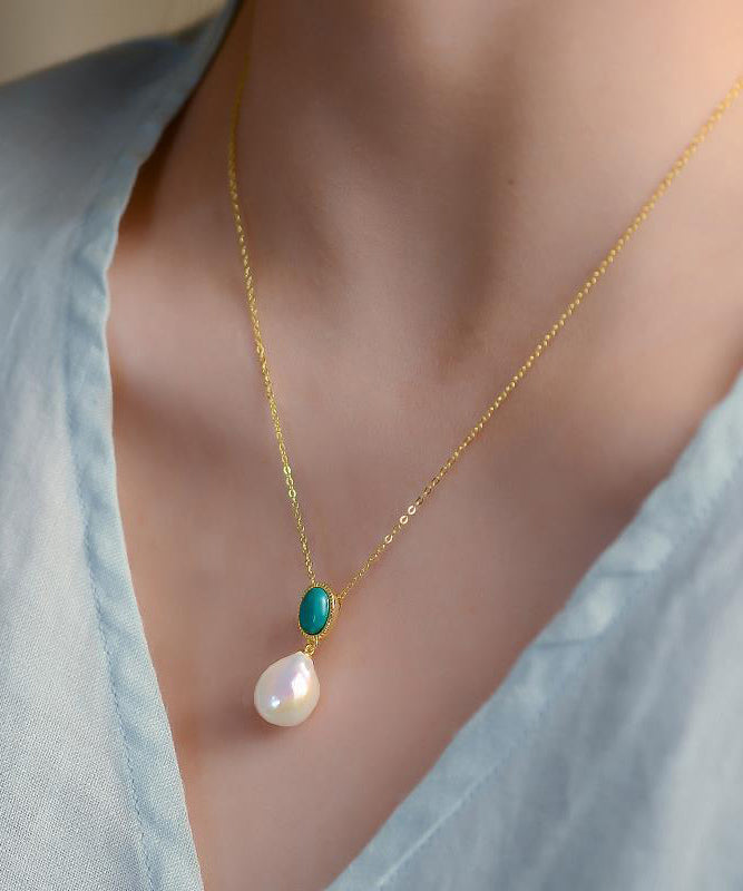 Gold Sterling Silver Overgild Turquoise Pearl Pendant Necklace