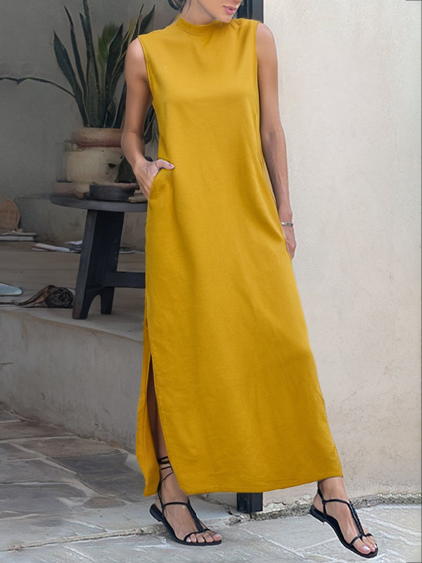 Loose Sleeveless Color Split-side Mock Neck Maxi Dresses