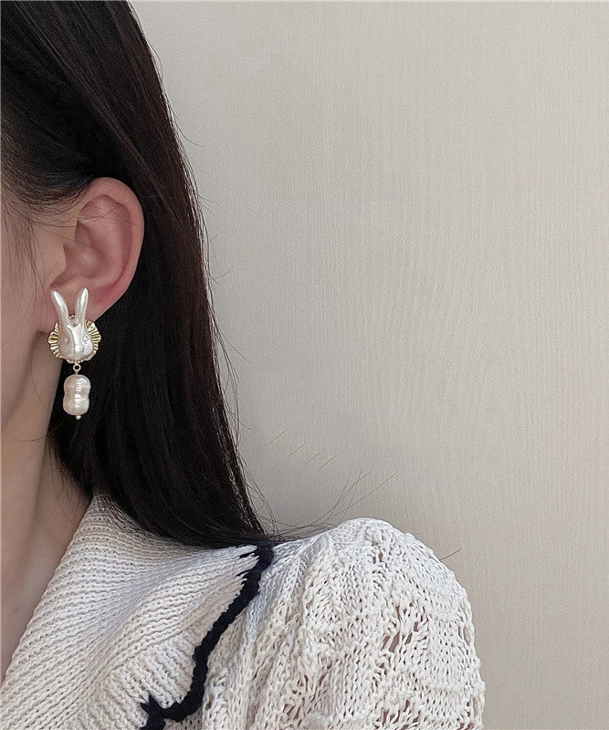 Gold Sterling Silver Alloy Pearl Rabbit Drop Earrings