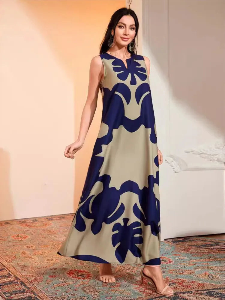 Simple Print Long Dresses Loose V-neck Style Sleeveless Dress Female Summer New Vestidos