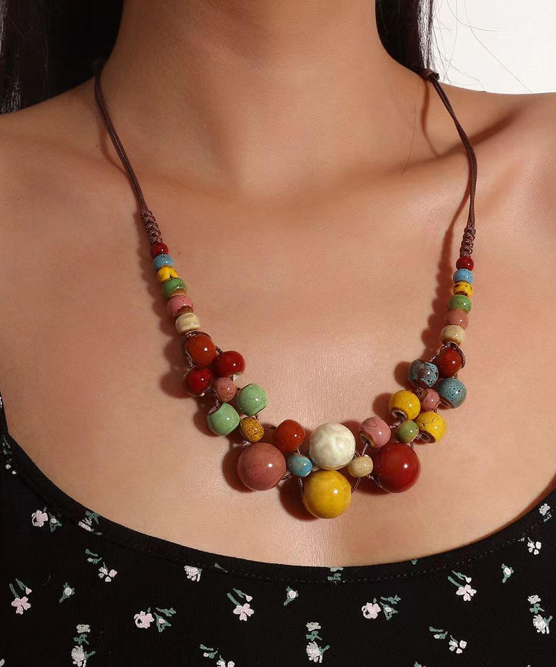 Brown Weave Ceramic Beading Gratuated Bead Necklace