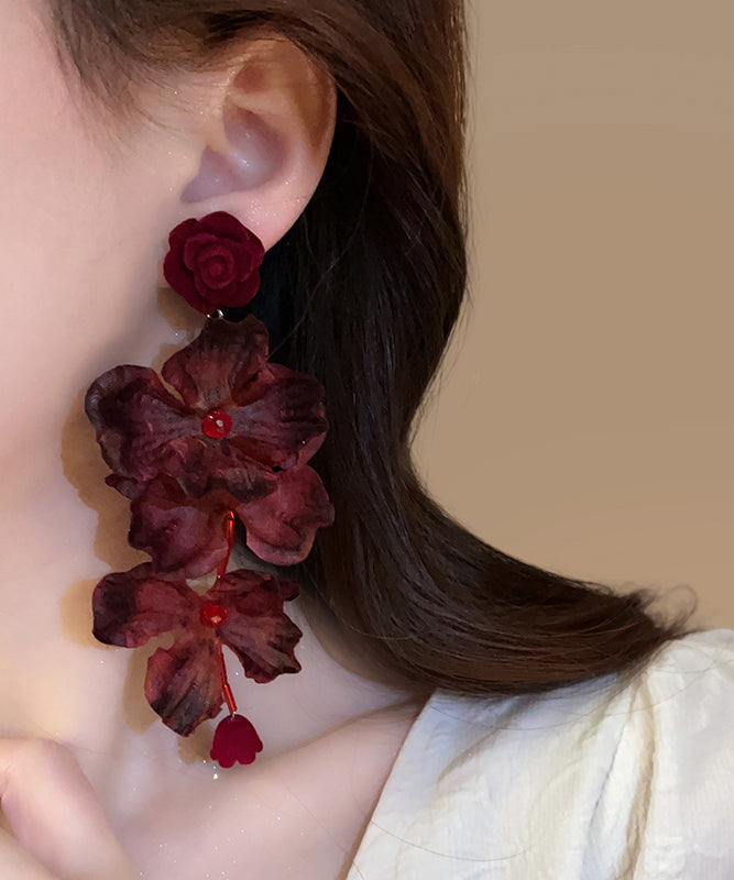 Mulberry Fabric Resin Rose Tassel Drop Earrings