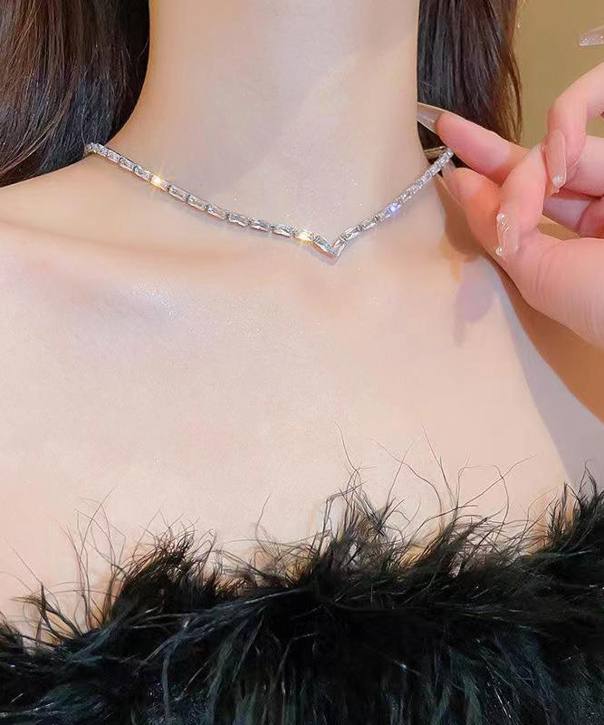 Silk Sterling Silver Zircon V Shaped Necklace