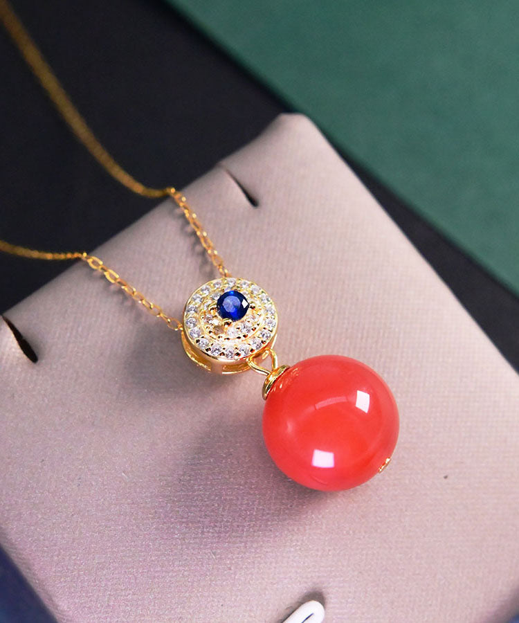 Red Sterling Silver Zircon Ball Agate Pendant Necklace