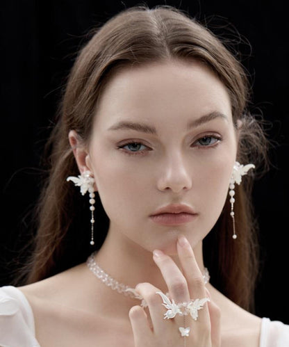 White Srerling Silver Butterfly Wings Tassel Drop Earrings