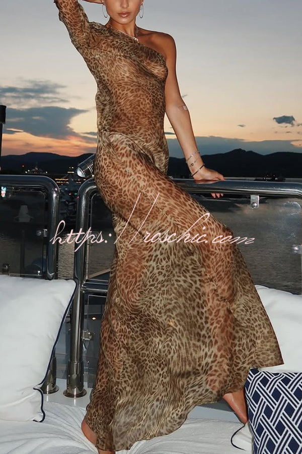 Leopard Print One Sleeve See-through Fit Maxi Dress