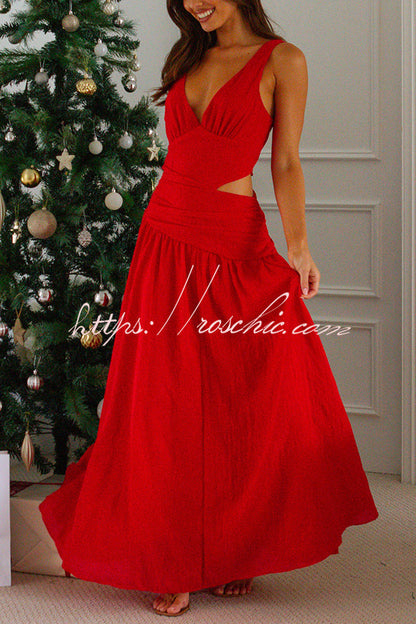 Color V-neck Waist Hollow Slim Maxi Dress
