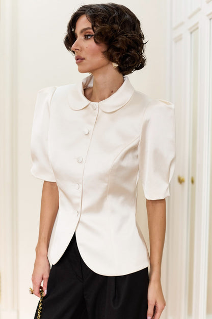 Tie Waist Puff Sleeve Slim Blouse
