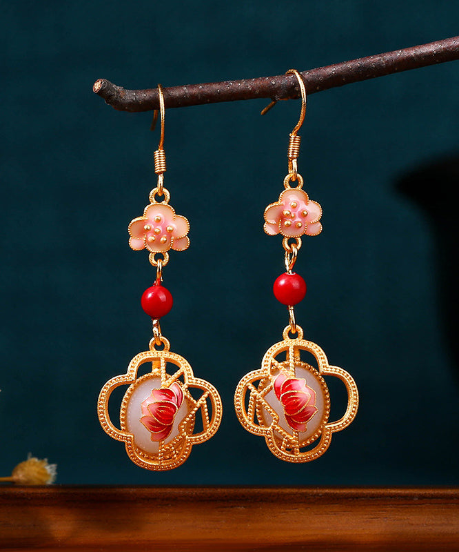 Unique Pink Copper Overgild Jade Enamel Lotus Drop Earrings