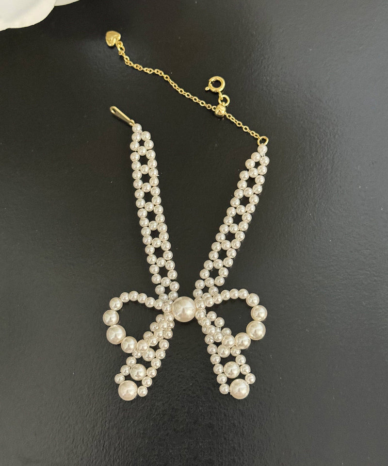 French Pearl Bow Sweater Necklace and Bracelet Set