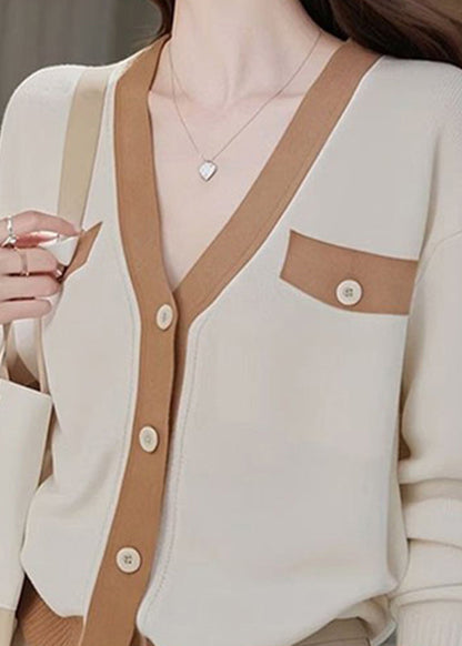 Colorblock V Neck Patchwork Button Cotton Knit Cardigans Fall Qp026