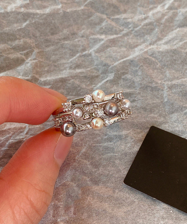 Stylish Pearl Zircon Double Tier Opening Adjustable Copper Rings