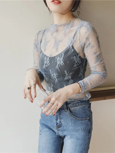 Summer Lace Embroidery Blouses Shirt Tops Mesh Blouses Transparent See-through Black Shirt