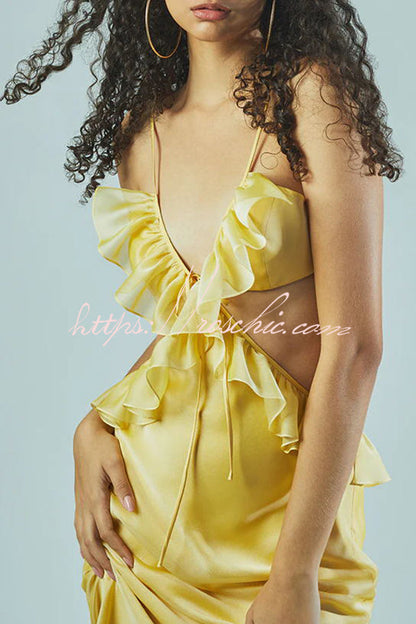 Date Night Satin Chiffon Ruffle Trim Removable Slip Maxi Dress