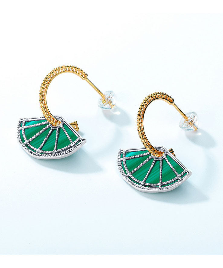 Art Peacock Green Fan-shaped Gem Stone Separable 14k Gold Stud Earrings