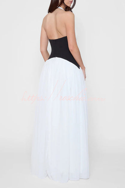 Fashionable Color Matching Halter Neck Waist Maxi Dress