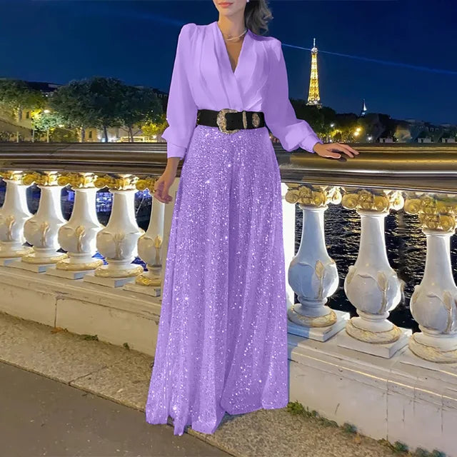 Splice Sequins Maxi Dresses for Folds Loose V Neck Dress Femme Party Evening Dresses