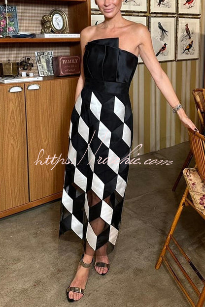 Tube Top and Backless Rhombus Contrast Midi Dress