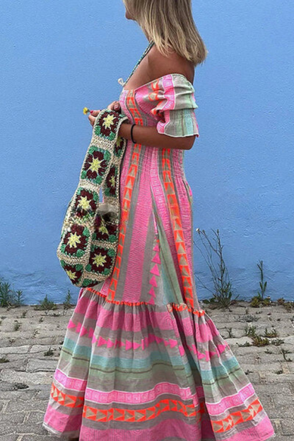 Music Festival Geometric Color Block Pocketed Smocked Maxi Dress