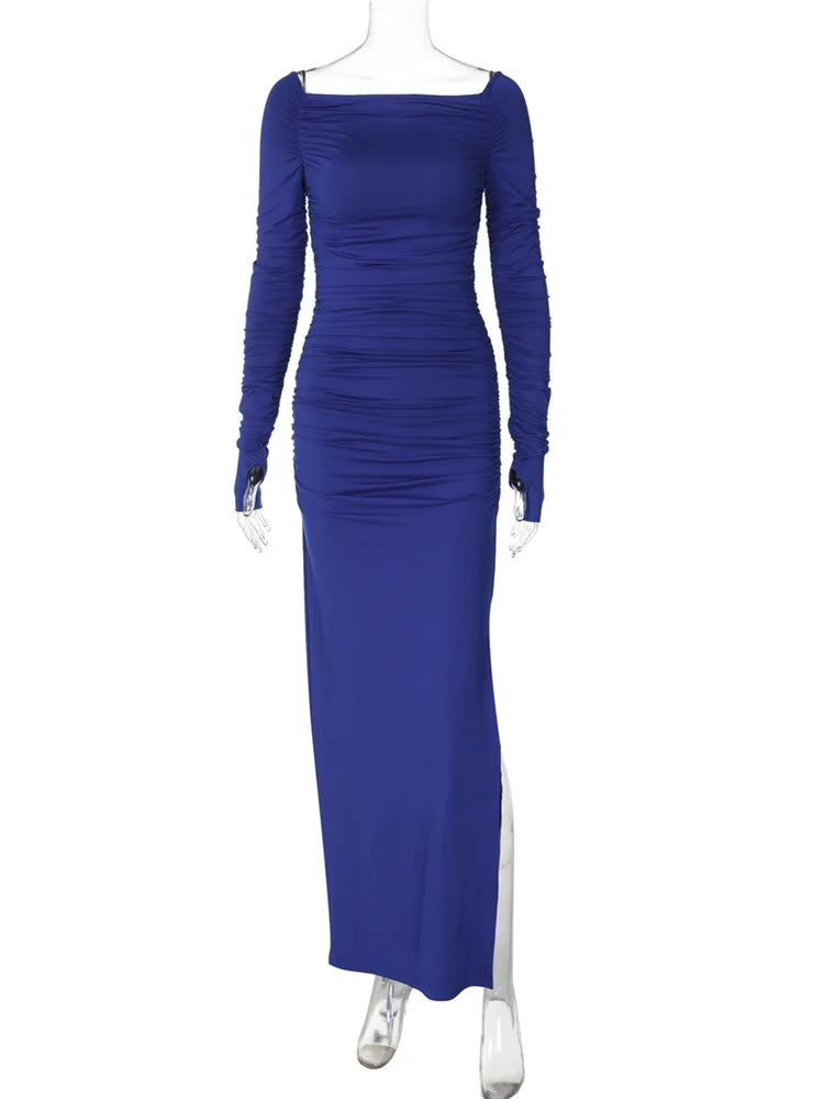 Pleated Off-shoulder Maxi Dress for Slim High Waist Long Sleeve Dress Female Party Long Dress New