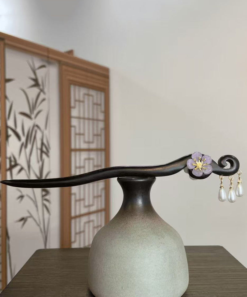 Chinese Style Purple Wooden Pearl Tassel Hairpin