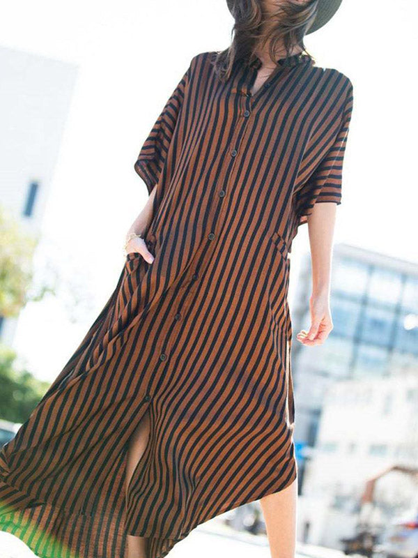 Batwing Sleeves Half Sleeves Buttoned Pockets Striped Round-neck Beach Cover-up Maxi Dresses