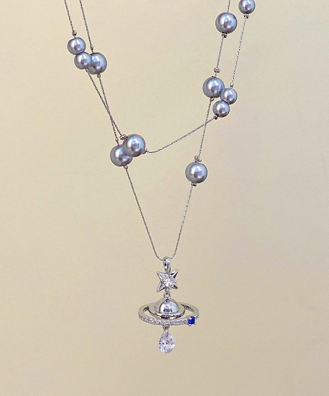 Grey Copper Alloy Double-layer Pearl Spaceship Pendant Necklace