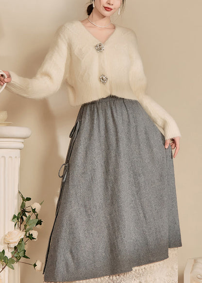 White V Neck Woolen Short Cardigans Fall Wv014