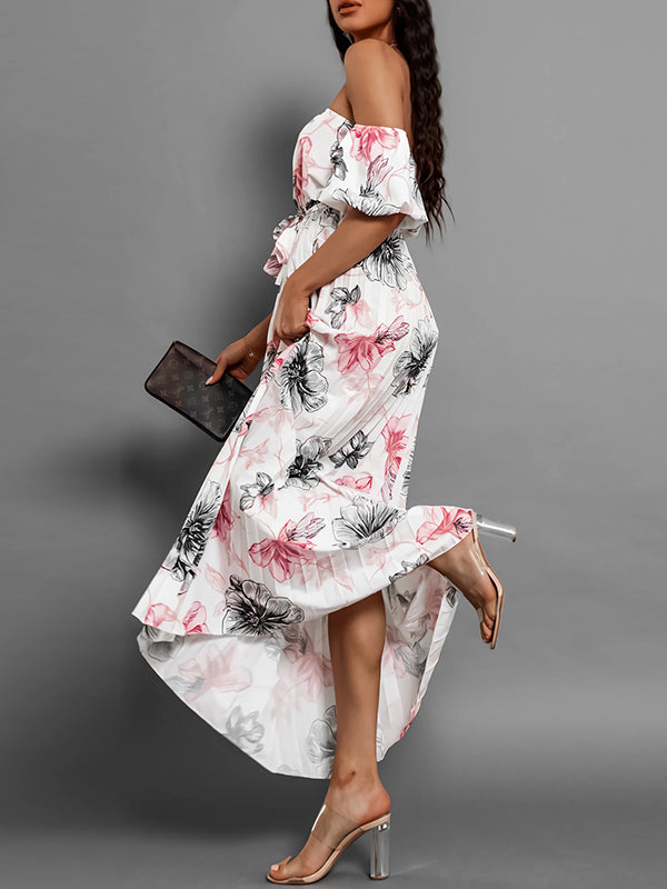 A-line Loose Elasticity Flower Print Pleated Split-joint Tied Waist Off-the-shoulder Maxi Dresses